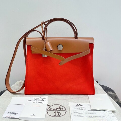 HERMÈS愛馬仕 Herbag Zip 31 銀扣 火焰橙拼金棕，現貨特惠好價