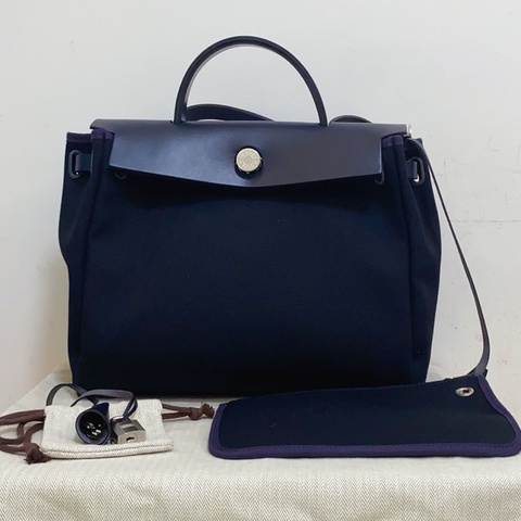 999新愛馬仕 HERMES Herbag 單肩包 S4 深邃藍 帆布拼牛皮 尺寸：31  銀扣K刻。