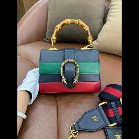 古馳Gucci Dionysus酒神竹節包，拼色mini款，虎頭扣、竹節手柄、條紋織帶肩帶