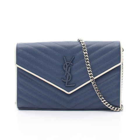 SAINT LAURENT PARIS Cassandra 鏈條肩背包 377828 皮革 海軍藍 白色 二手
