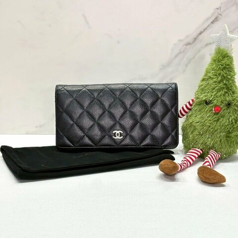 CHANEL 銀扣荔枝牛皮對折長夾