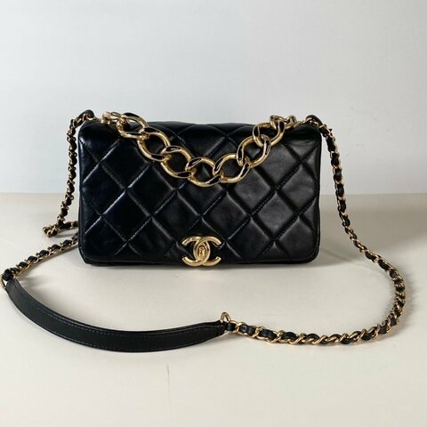 CHANEL 黑色 小羊皮 菱格 粗金鍊 提把 三層 口蓋 風琴包 芯片款 AS3367