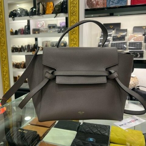 東區正精品㊣CELINE 深灰色牛皮金釦拉鍊鯰魚包手提包肩背包 RA1868