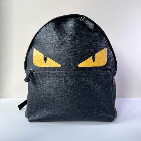 FENDI 黑色 小牛皮 鱷魚皮 黃 眼睛 怪獸 雙肩 後背包 7VZ012