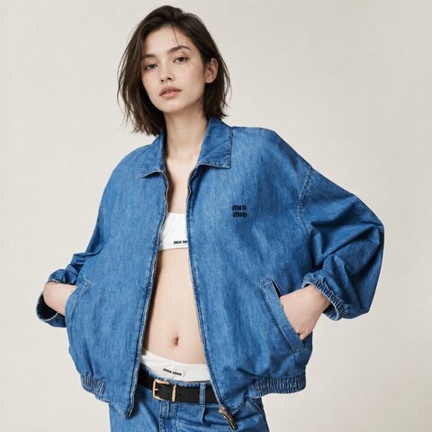 ::CELINE:: 深色單寧學生布束腰外套字母刺繡 拉鍊夾克 40號