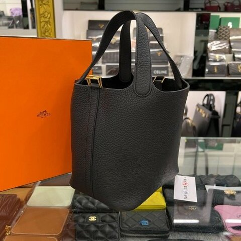 東區正精品㊣HERMES PICOTIN 18cm 愛馬仕黑色金釦水桶袋包鎖頭包手提包 Z刻 RZ6541