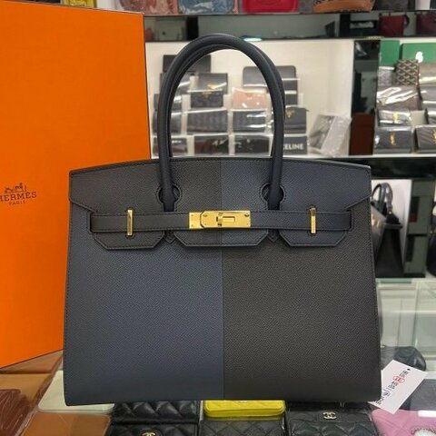 東區正精品㊣HERMES Birkin 30cm Sellier 近全新愛馬仕黑色弗裏達藍色靛藍色拼接三色金釦外縫柏金手提包 Z刻 RZ6540