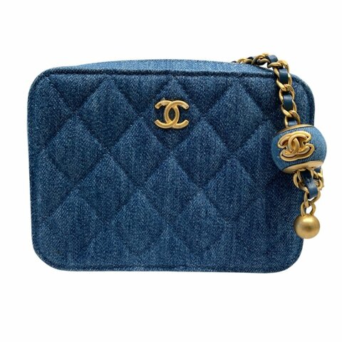 CHANEL 香奈兒 側背包 AP2463 牛仔金球相機包  藍色 金釦