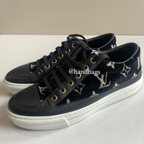 LV 黑色 絨布 老花 拼接 皮革 Logo 厚底 休閒鞋 版鞋 EU37 現貨