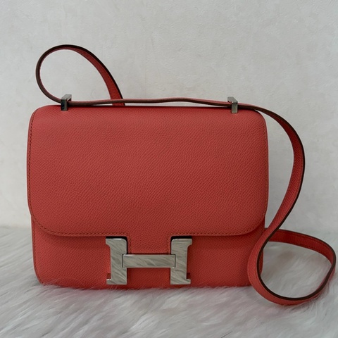 HERMES MINI Constance 18 EPSOM 淺粉橘 淡藕粉 銀釦 康康 斜背包 肩背包