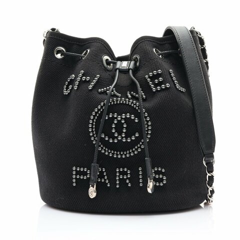 CHANEL 香奈兒 黑色 帆布 鉚釘 Deauville Drawstring 水桶包 肩背包 無卡 【二手名牌BRAND OFF】