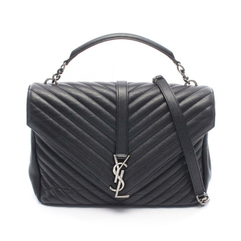 SAINT LAURENT PARIS College 大單肩手提包，黑色皮革，二手女款
