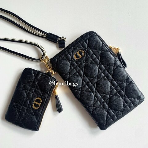 DIOR CARO 黑色 小牛皮 藤格紋 Logo 多功能 手機包 子母包 95新 現貨LW