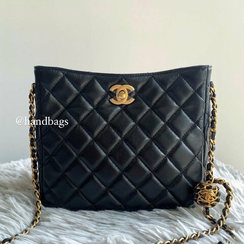CHANEL Hobo 黑色 羊皮 核桃 金球 皮穿金鍊 可調節 單肩 斜挎包 嬉皮包 AS3259 現貨LW