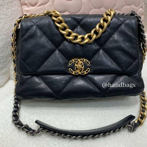 CHANEL 19 黑色 小羊皮 金釦 金銀鍊 30cm 手提 斜挎 中型 口蓋包 AS1161