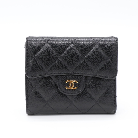Chanel 香奈兒 黑色 荔枝牛皮 金扣 三折短夾 晶片款