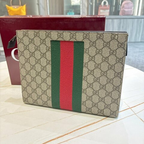 *SHIHNA名牌精品*Gucci GG Supreme 帆布織帶手拿包
