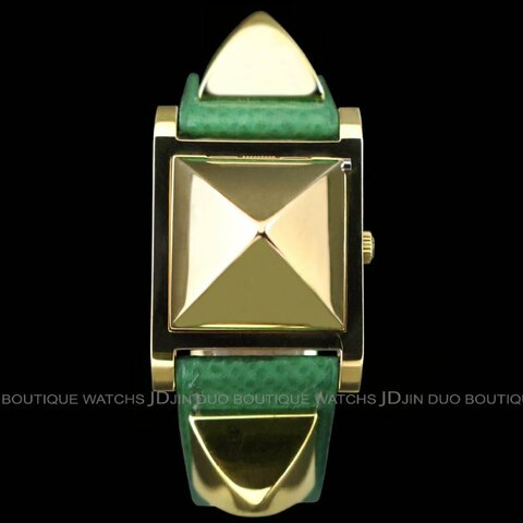 金鐸精品~2540 HERMES 愛馬仕Medor ME1.201金字塔鉚釘綠色皮革錶帶石英女用腕錶