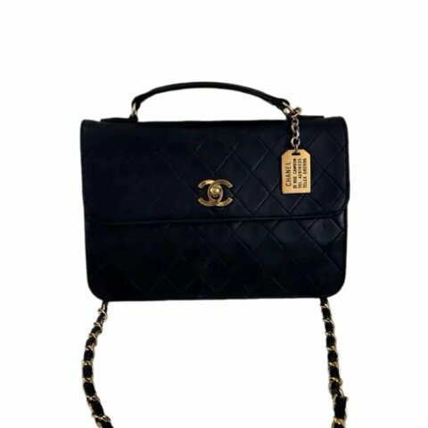 Chanel 黑金菱格紋雙Clogo鏈條包
