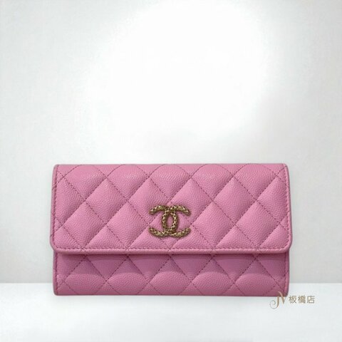 JS1452-Chanel 粉荔枝牛皮鏤空雙C LOGO下蓋中夾AP3183