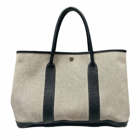 HERMES 愛馬仕 GARDEN PARTY36 黑白色 帆布 銀釦
