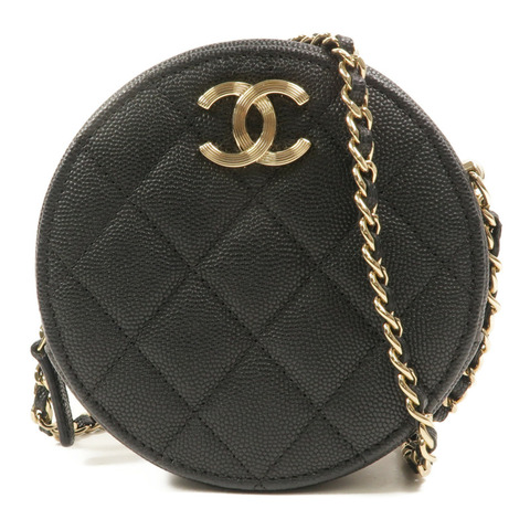 CHANEL 牛皮皮革Round Vanity Case鏈帶肩背袋