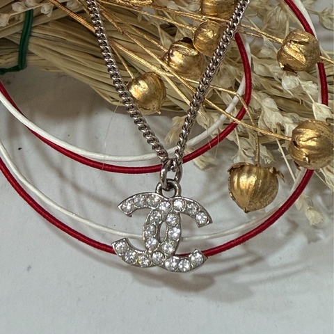 CHANEL COCO LOGO 雙C銀色金屬 水鑽 項鍊 小香鍊