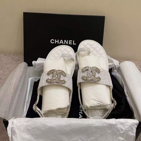 閒置未使用 Chanel 織物雙C大logo涼鞋 39