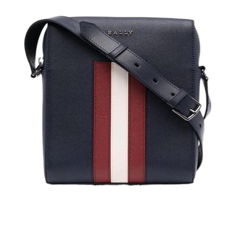 Bally 男士 海軍藍條紋細節荔枝紋斜挎包均碼碼長：18cm，寬：7cm，高：25cm