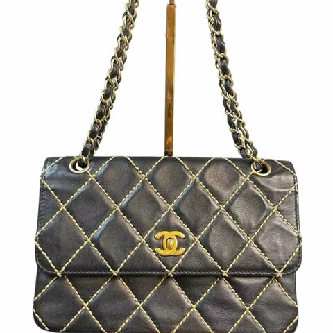 Chanel黑金菱格紋雙C扣鏈條包