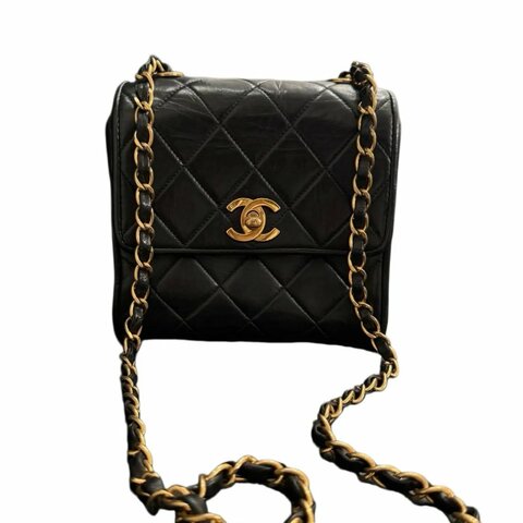 Chanel黑金雙C扣菱格紋方胖鏈條包