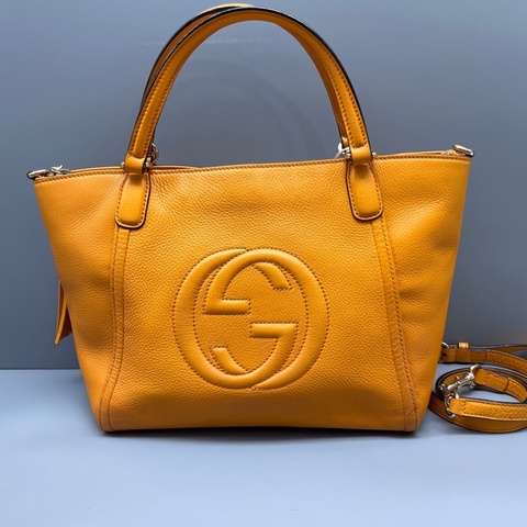 GUCCI 97新 黃色荔枝紋soho流蘇托特包 尺寸26*22