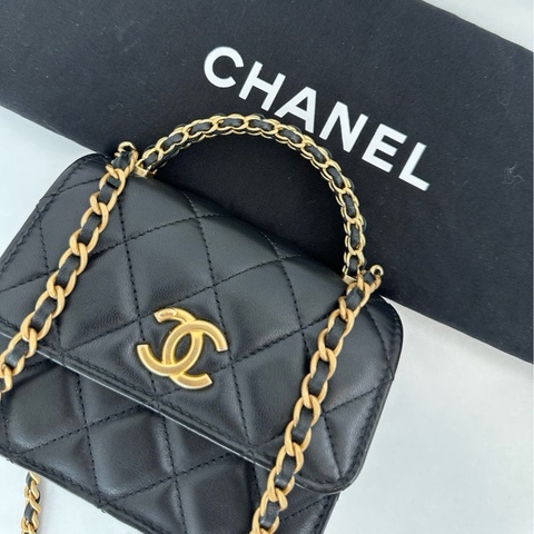 💎Chanel香奈兒｜mini Kelly 22K 黑金手柄 菱格紋皮穿鏈｜手提單肩斜挎包 風琴包 ｜98新芯片款