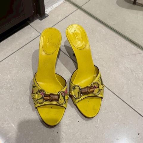 98新🌼#Gucci #黃色馬鞍扣 #高跟涼鞋 #36.5碼