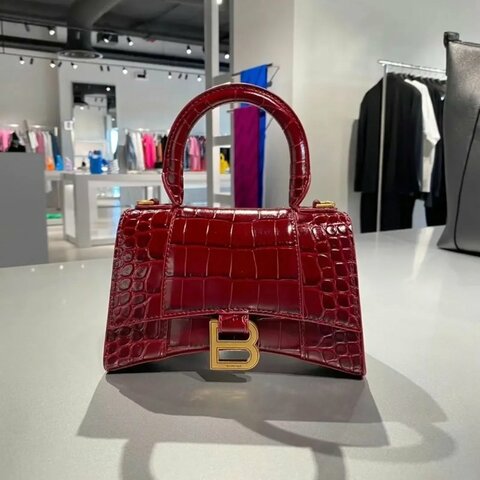 ⏰全新品特賣 專櫃8萬6千5🌺Balenciaga 592833 Hourglass XS 鱷魚紋小牛皮沙漏包 金釦/酒紅色