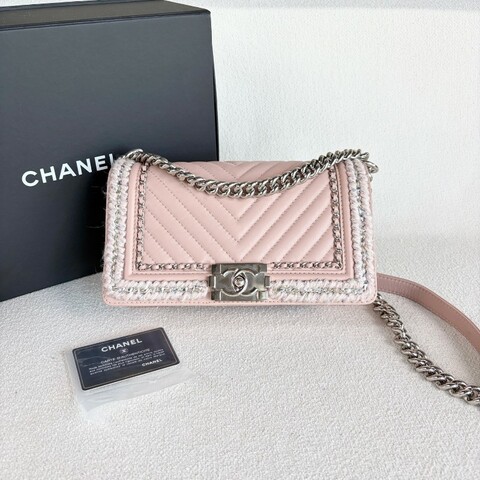 Chanel限定編織邊Leboy中號 毛呢編織拼羊皮 粉色 銀扣 V紋