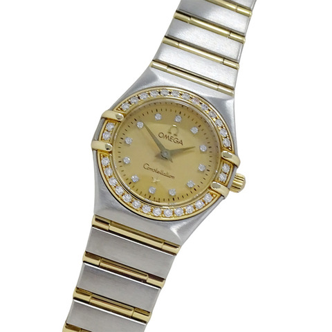 歐米茄星座系列迷你1267.15女錶，品牌名稱，鑲鑽，石英機芯，不銹鋼(SS)/黃金(YG)組合，全條錶帶