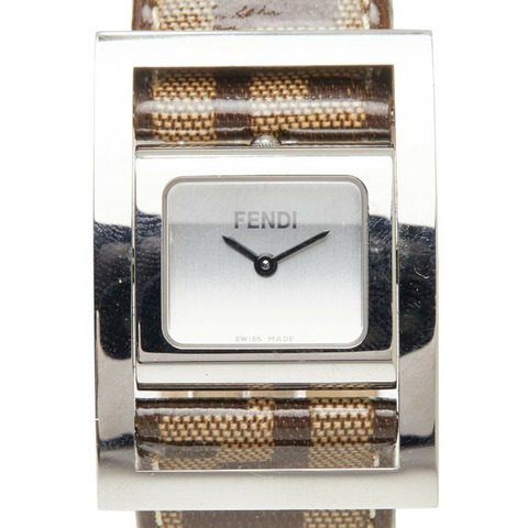 Fendi Zucca Zucchino FF 石英錶，銀色錶盤，不鏽鋼錶殼，琺瑯皮革錶帶，女士腕錶。