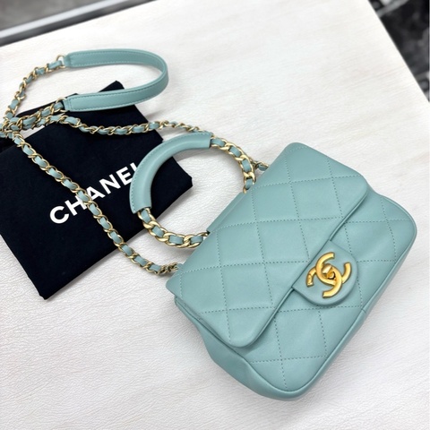 【近新閒置品】香奈兒 Chanel Tiffany藍圓環手柄方胖子手提斜背鏈條包 鐳射28開無卡