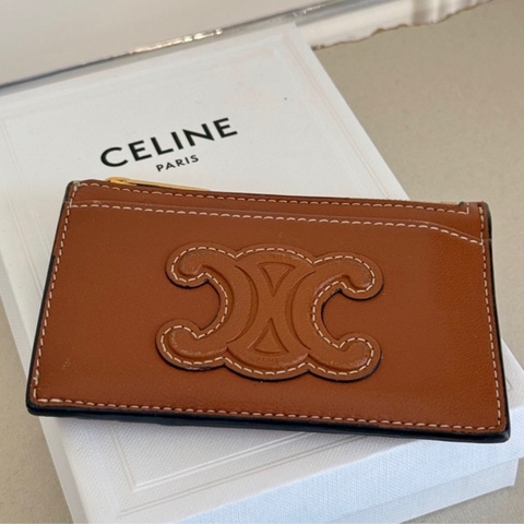 CELINE Triomphe皮革皮拉鏈零錢卡夾包 棕色