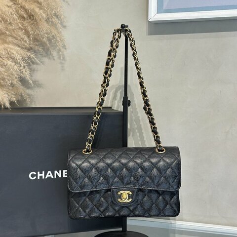 CHANEL 經典口蓋包 CF23 - 粒面牛皮黑金28開