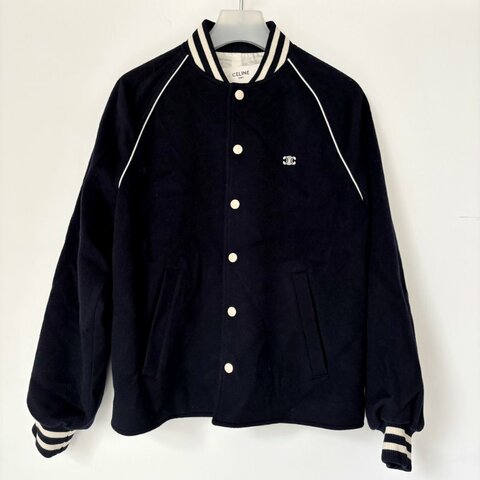 ::CELINE:: Triomphe Teddy Jacket 深藍色羊毛白色飾邊球外套 夾克34號