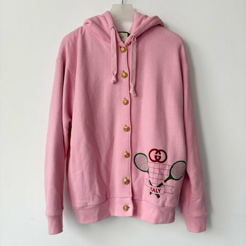 ::GUCCI:: 綠色網球拍紅色雙G刺繡粉色連帽外套 內裡叢林絲綢 XS