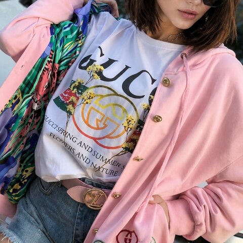 ::GUCCI:: 綠色網球拍紅色雙G刺繡粉色連帽外套 內裡叢林絲綢 XS