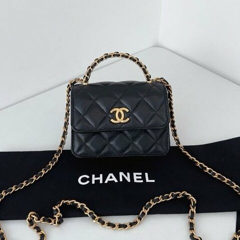 芯片款 香奈兒/Chanel Kelly Mini黑金手柄 菱格紋皮穿鏈 手提斜背包