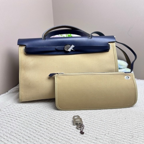 Hermes/愛馬仕 herbag31藍蓋拼米色帆布 單肩包 斜挎包
