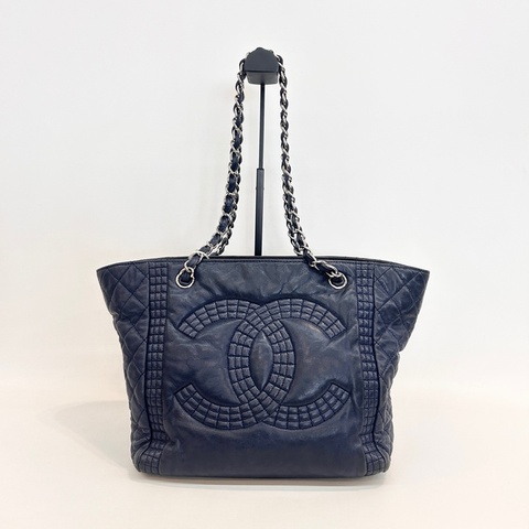 95新❤️Chanel/香奈兒深藍色牛皮外縫線logo皮穿鏈單肩托特包