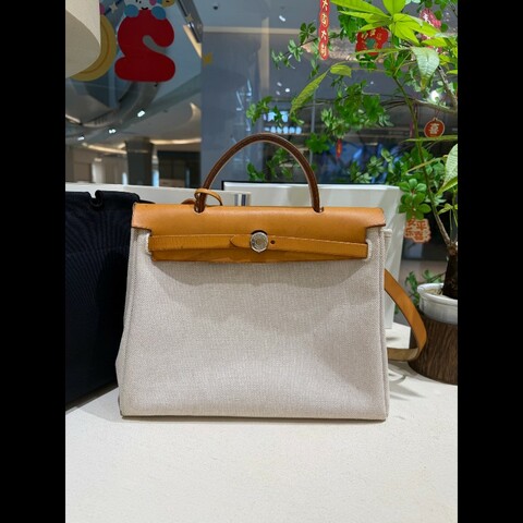 Hermès Herbag 31 米白拼棕銀扣帆布斜揹包