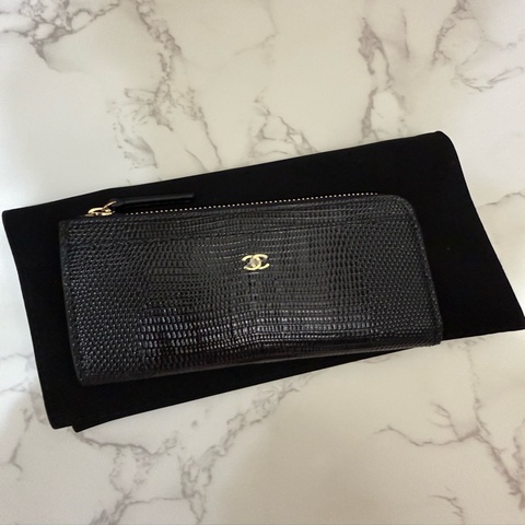 💖Chanel L型卡夾 零錢包 蜥蜴皮壓紋💖 黑色 全新