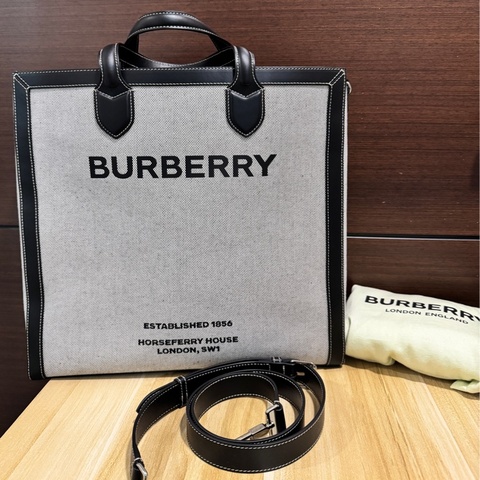 專櫃正品 BURBERRY 有型 80379361 黑灰帆布 2way 托特包 公事包 斜背包